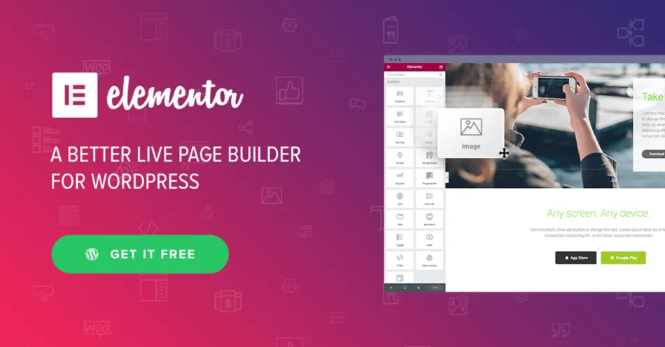 Elementor Pro Theme Builder interface with drag & drop editor for WordPress